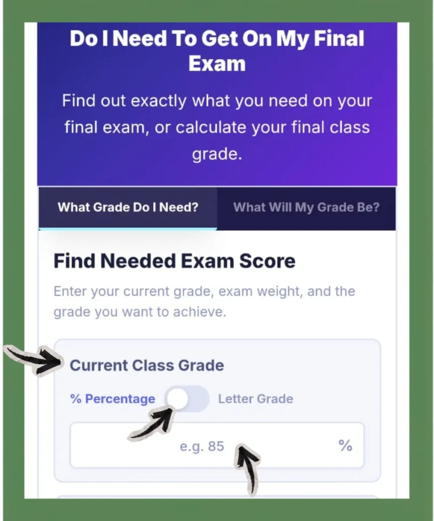 Final grade calculator What Grade Do I Need? mode highlighting the current class grade input field with a percentage and letter grade toggle switch: