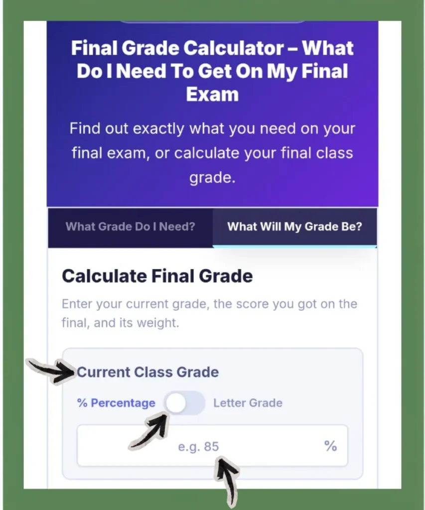 Final grade calculator What Will My Grade Be mode showing the current class grade input field with percentage or letter grade toggle to calculate final class grade