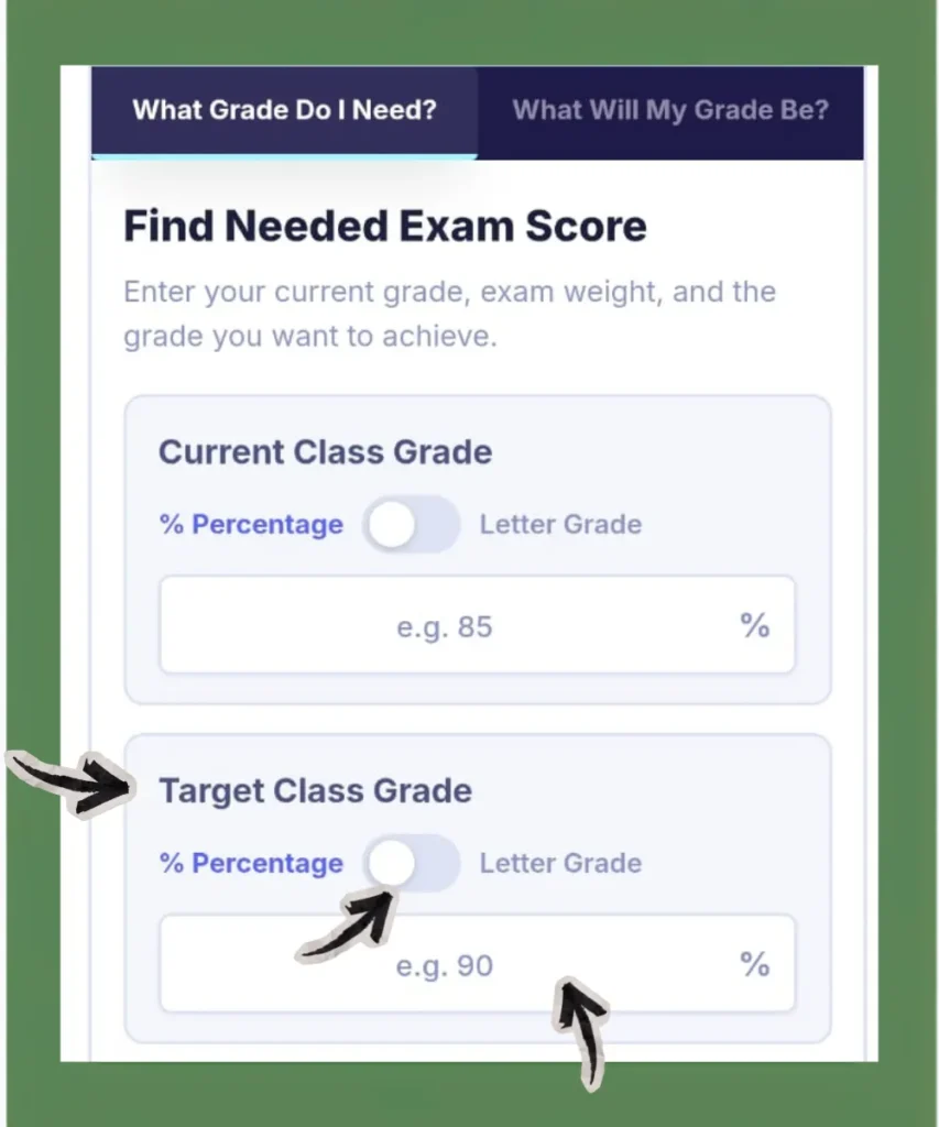 Final grade calculator showing current class grade and target class grade input fields with percentage and letter grade toggle to find what grade you need on your final exam