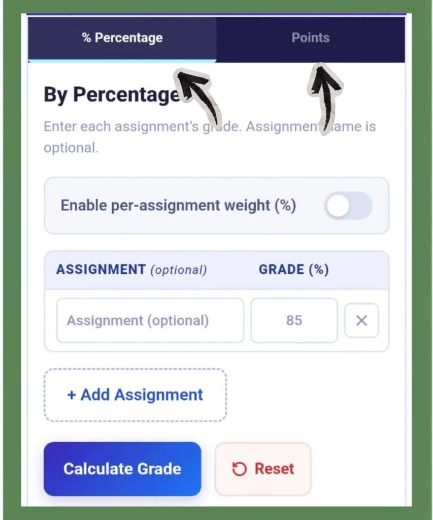 Percentage and Points Modes To Calculate Grades in grades-calculator.us